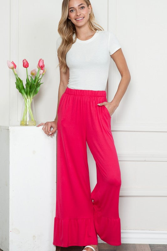 Plus Solid Elastic Waist Ruffled Hem Pants
