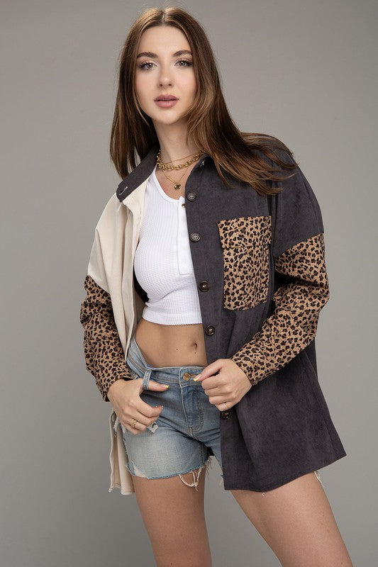 Color Block Leopard Corduroy Shacket