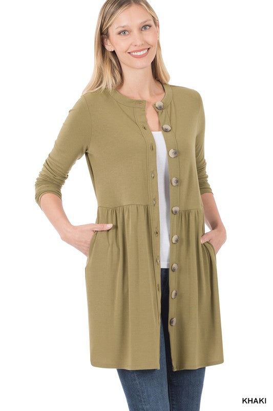 SHIRRED WAIST BUTTONED CARDIGAN WITH SIDE POCKETS