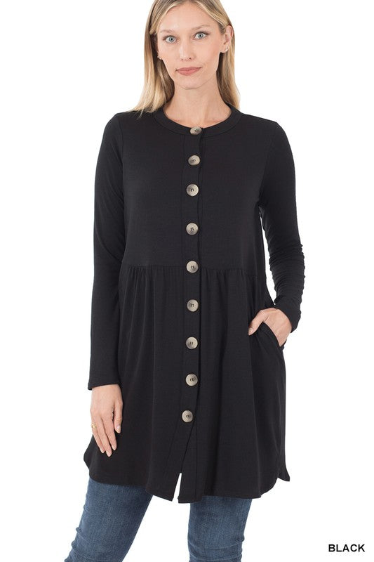 SHIRRED WAIST BUTTONED CARDIGAN WITH SIDE POCKETS