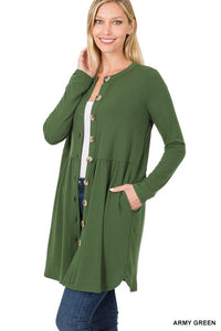 SHIRRED WAIST BUTTONED CARDIGAN WITH SIDE POCKETS