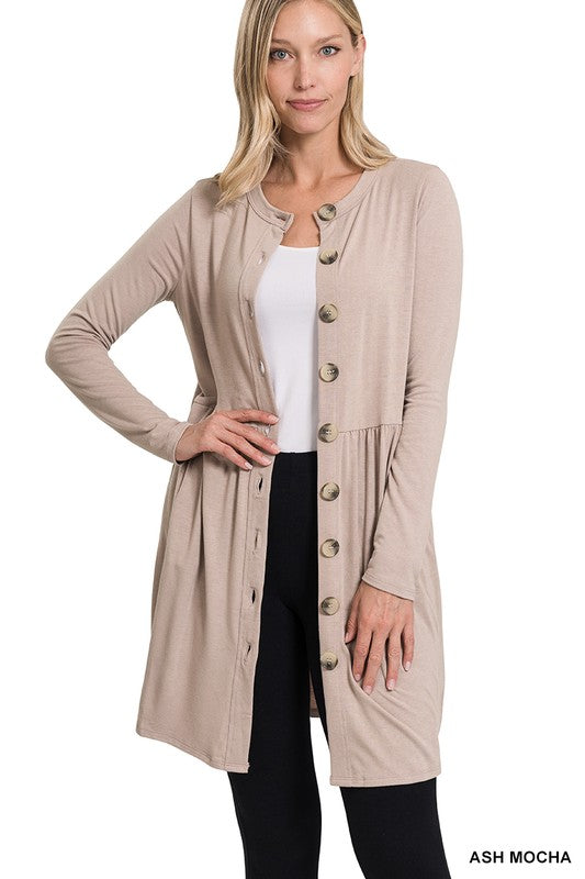 SHIRRED WAIST BUTTONED CARDIGAN WITH SIDE POCKETS
