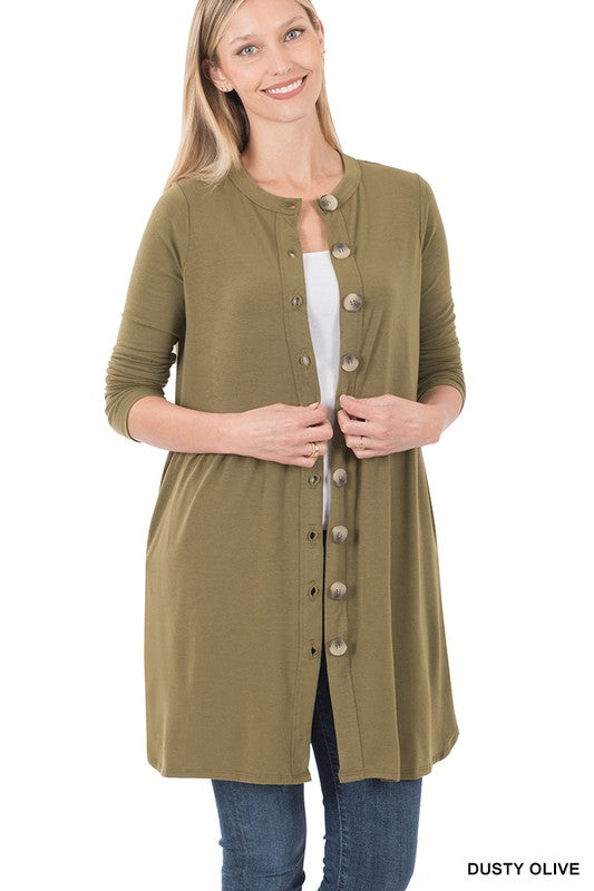 SHIRRED WAIST BUTTONED CARDIGAN WITH SIDE POCKETS