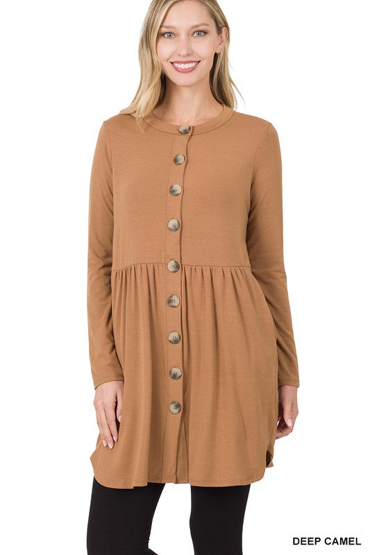 SHIRRED WAIST BUTTONED CARDIGAN WITH SIDE POCKETS