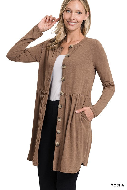 SHIRRED WAIST BUTTONED CARDIGAN WITH SIDE POCKETS