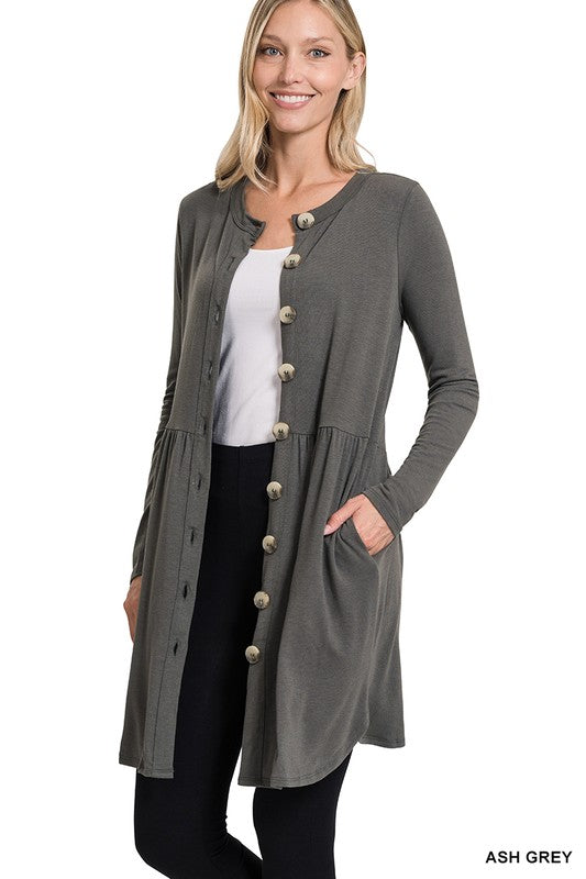 SHIRRED WAIST BUTTONED CARDIGAN WITH SIDE POCKETS