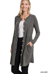 SHIRRED WAIST BUTTONED CARDIGAN WITH SIDE POCKETS