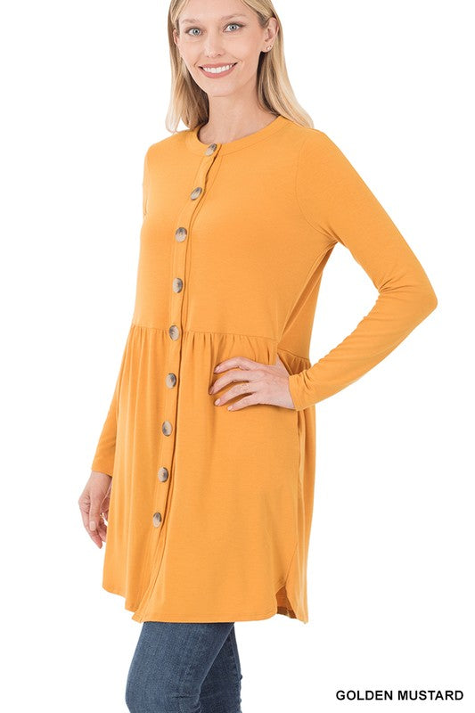 SHIRRED WAIST BUTTONED CARDIGAN WITH SIDE POCKETS