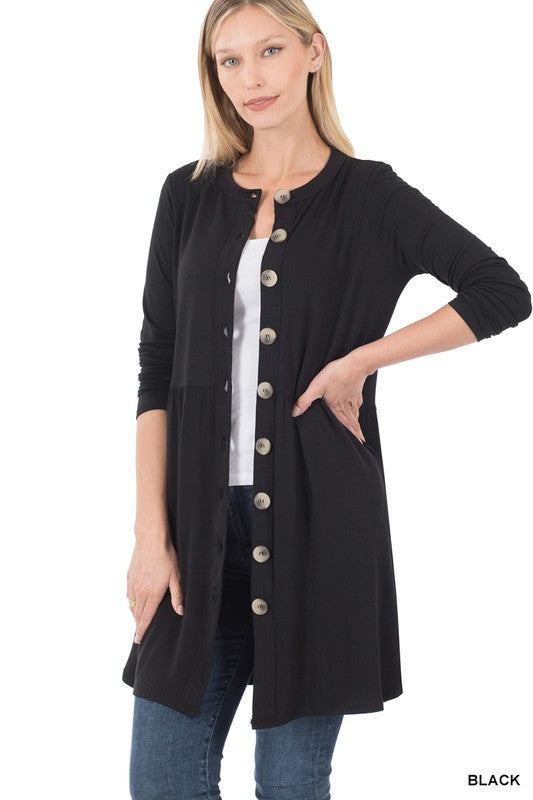 SHIRRED WAIST BUTTONED CARDIGAN WITH SIDE POCKETS