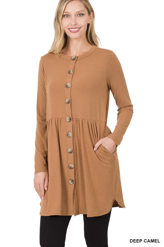 SHIRRED WAIST BUTTONED CARDIGAN WITH SIDE POCKETS