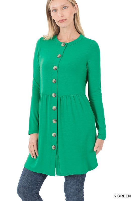 SHIRRED WAIST BUTTONED CARDIGAN WITH SIDE POCKETS