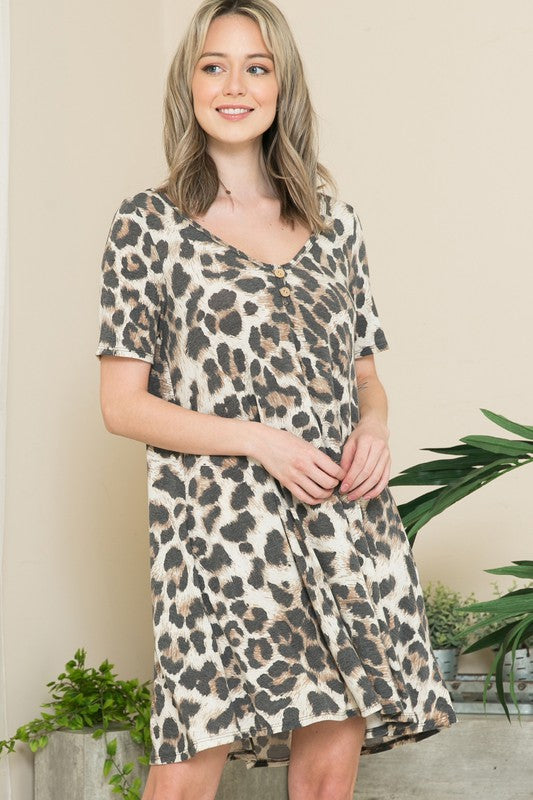 Leopard Short Sleeve V Neck Midi Dress
