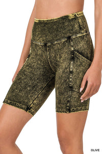 Mineral Wash Wide Waistband Pocket Biker Shorts