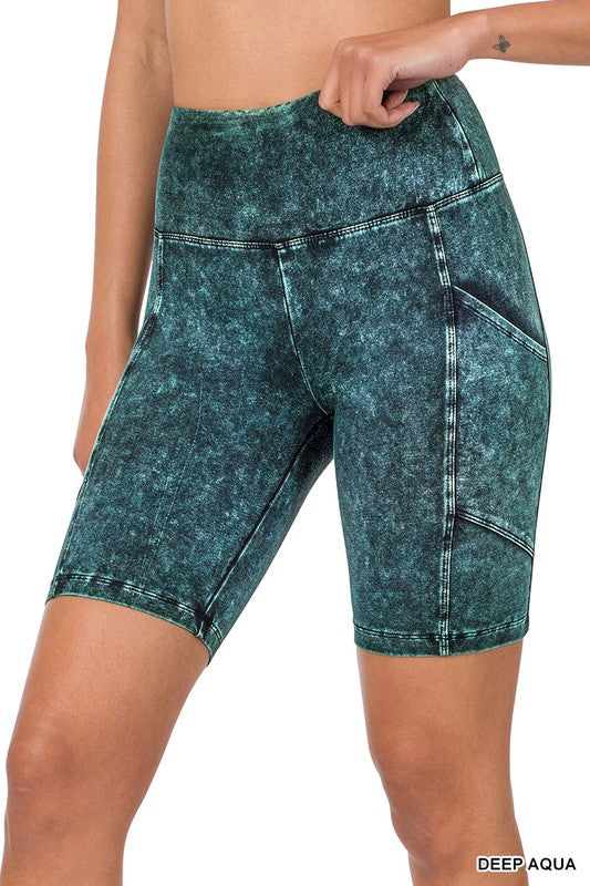 Mineral Wash Wide Waistband Pocket Biker Shorts