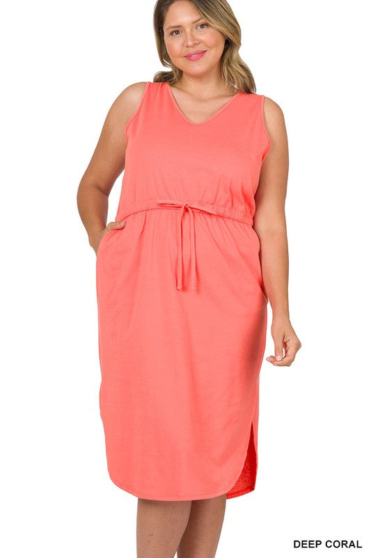 PLUS POLY COTTON DRAWSTRING WAIST CURVED HEM DRESS