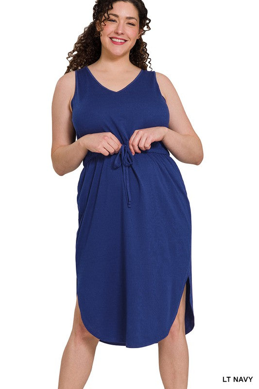 PLUS POLY COTTON DRAWSTRING WAIST CURVED HEM DRESS