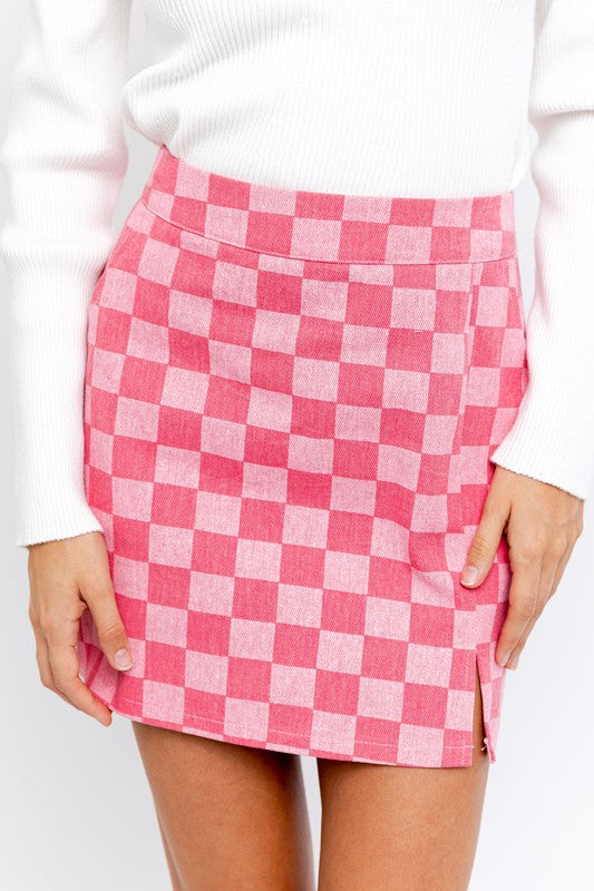 CHECKER BOARD PRINT SLIT MINI SKIRT - MULTI COLORS