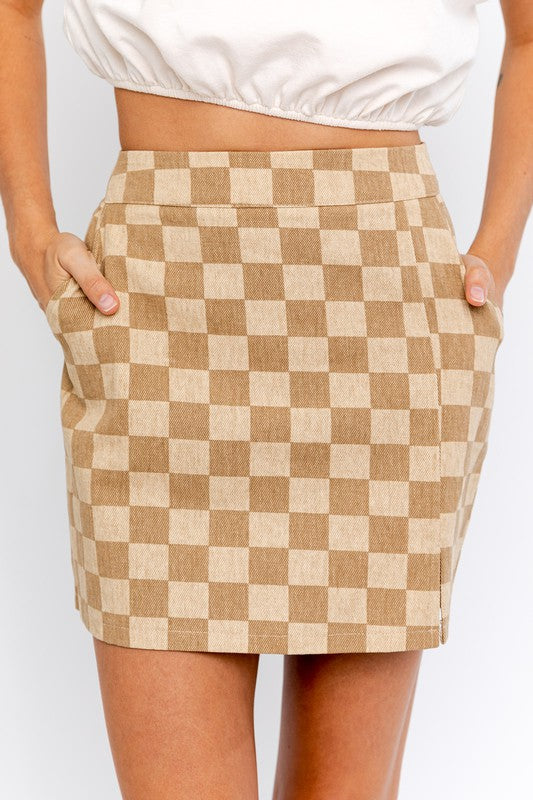 CHECKER BOARD PRINT SLIT MINI SKIRT - MULTI COLORS