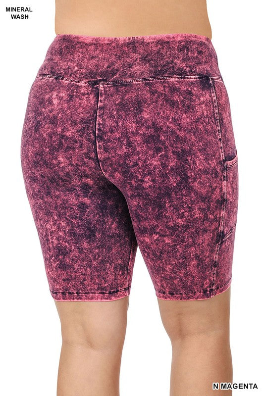Plus Size Mineral Wash Waistband Pocket Biker Shorts