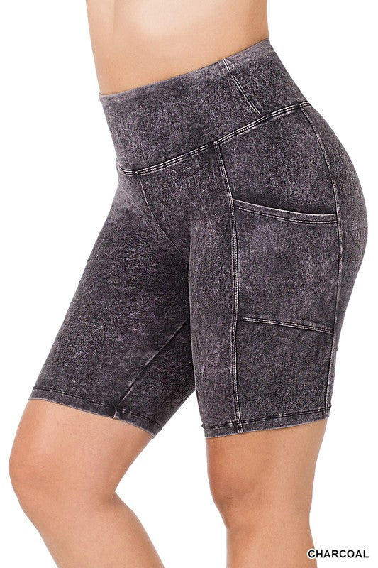 Plus Size Mineral Wash Waistband Pocket Biker Shorts