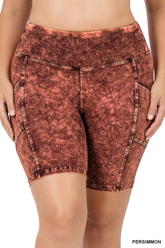Plus Size Mineral Wash Waistband Pocket Biker Shorts