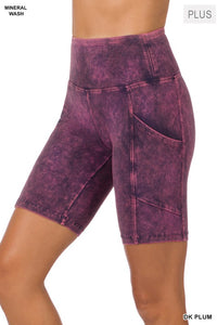 Plus Size Mineral Wash Waistband Pocket Biker Shorts