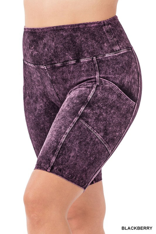 Plus Size Mineral Wash Waistband Pocket Biker Shorts