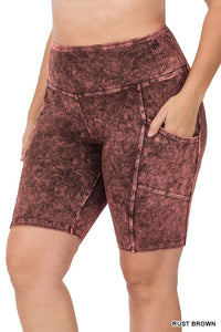 Plus Size Mineral Wash Waistband Pocket Biker Shorts
