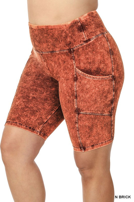 Plus Size Mineral Wash Waistband Pocket Biker Shorts