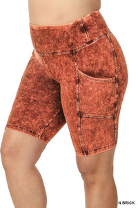 Plus Size Mineral Wash Waistband Pocket Biker Shorts