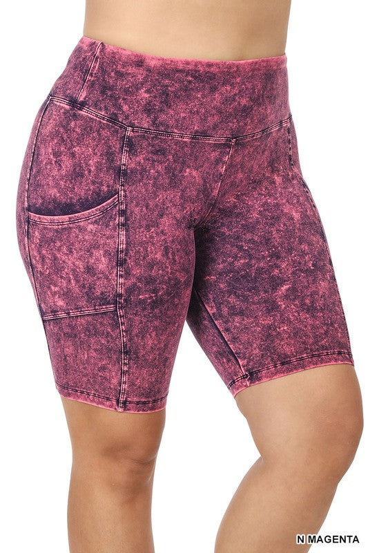 Plus Size Mineral Wash Waistband Pocket Biker Shorts