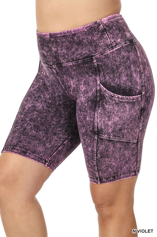 Plus Size Mineral Wash Waistband Pocket Biker Shorts