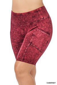 Plus Size Mineral Wash Waistband Pocket Biker Shorts