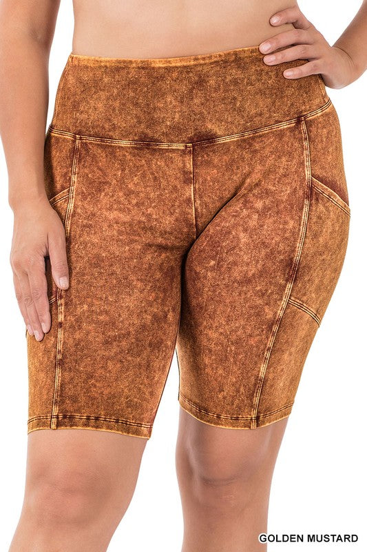 Plus Size Mineral Wash Waistband Pocket Biker Shorts