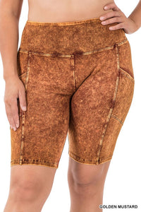 Plus Size Mineral Wash Waistband Pocket Biker Shorts