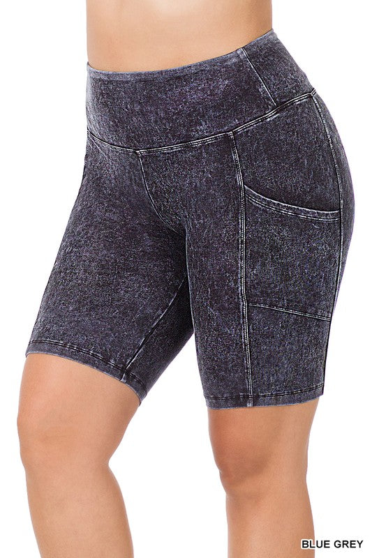 Plus Size Mineral Wash Waistband Pocket Biker Shorts