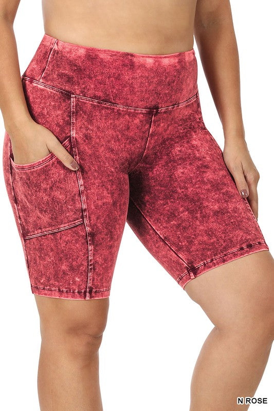 Plus Size Mineral Wash Waistband Pocket Biker Shorts