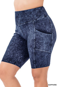 Plus Size Mineral Wash Waistband Pocket Biker Shorts