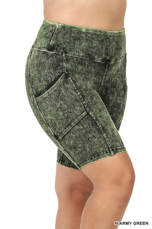 Plus Size Mineral Wash Waistband Pocket Biker Shorts