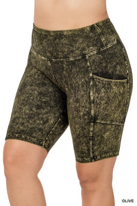 Plus Size Mineral Wash Waistband Pocket Biker Shorts