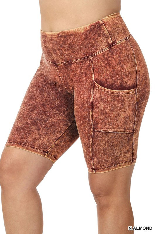 Plus Size Mineral Wash Waistband Pocket Biker Shorts