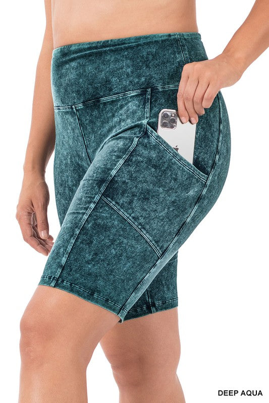 Plus Size Mineral Wash Waistband Pocket Biker Shorts