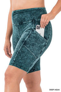 Plus Size Mineral Wash Waistband Pocket Biker Shorts