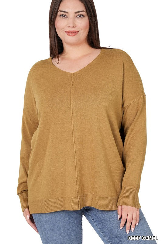 PLUS HI-LOW GARMENT DYED FRONT SEAM SWEATER
