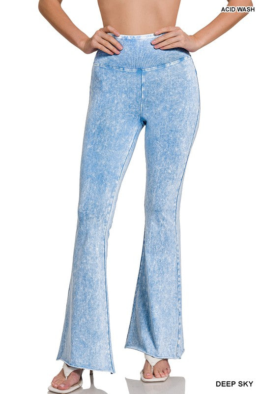 Acid Wash High Waist Raw Edge Hem Pants - MULT COLORS