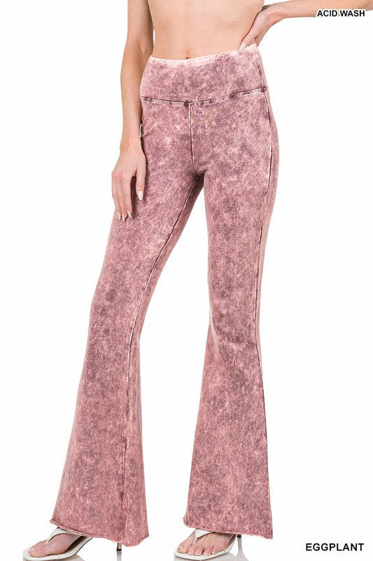 Acid Wash High Waist Raw Edge Hem Pants - MULT COLORS