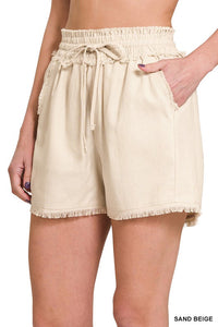 Linen Frayed Hem Drawstring Shorts with Pockets