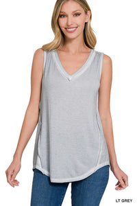 WASHED SLEEVELESS V-NECK TOP W HI-LOW HEM