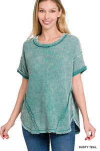 WASHED WAFFLE ROLLED UP SHORT SLEEVE TOP