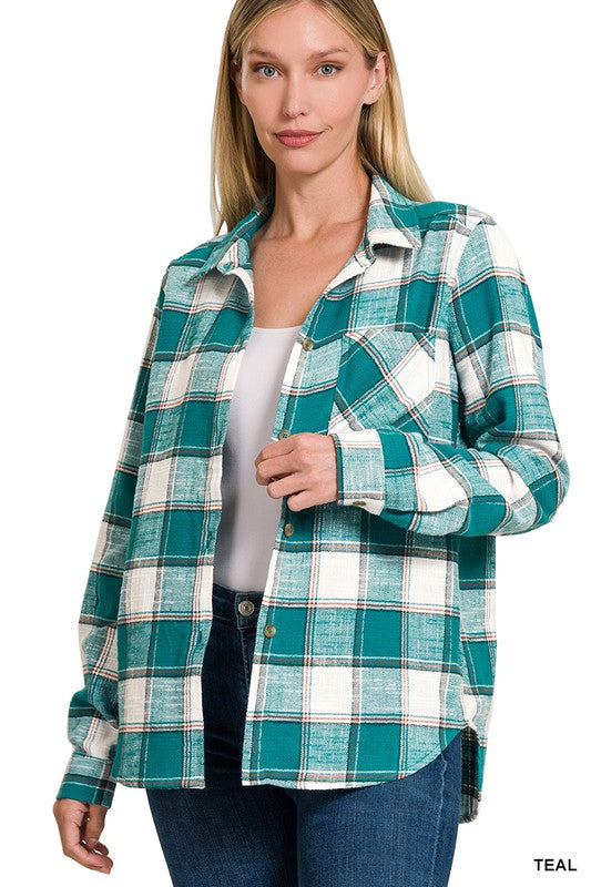 COTTON PLAID SHACKET WITH FRONT POCKET - MULT COLORS